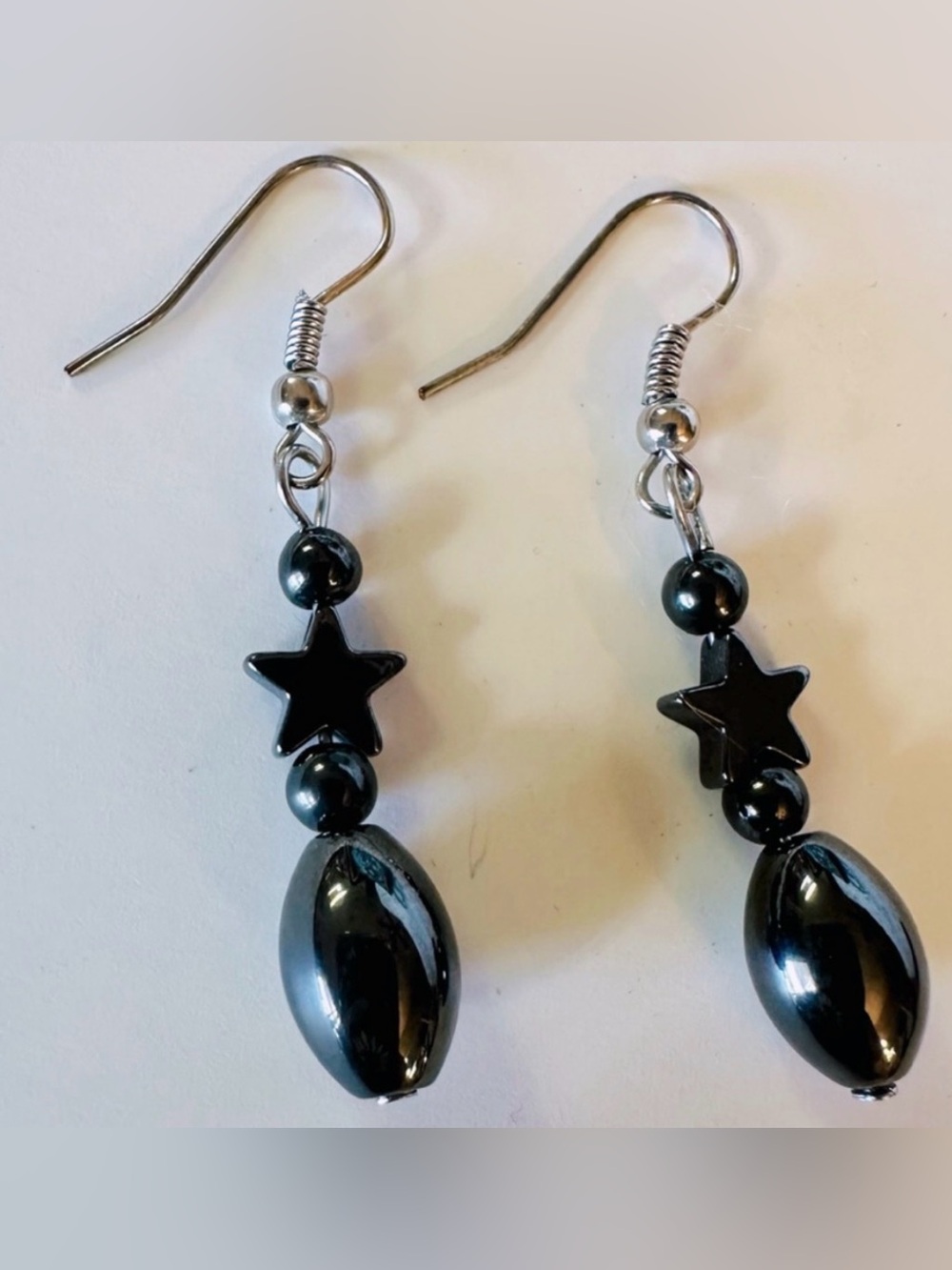 Earrings Hematite stars, round, oval beads, black-gunmetal, silver pierced, hook
